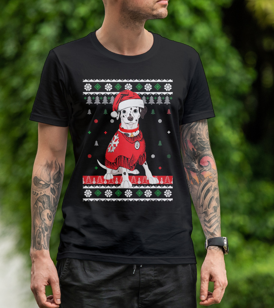 Cute Dalmatian In Santa Hat With Christmas Sweater And Holiday T-Shirt