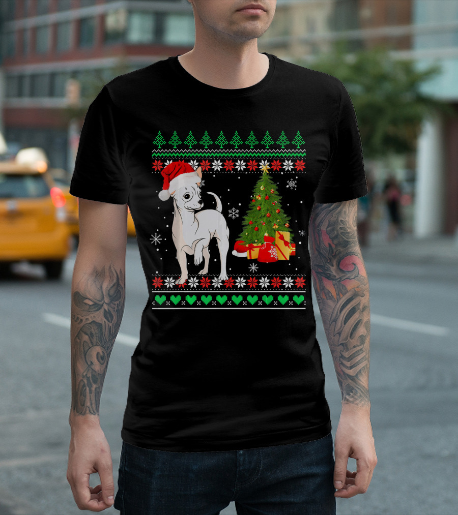Chihuahua Santa Hat with Christmas Tree and Presents Decorated in Festive Lights T-Shirt