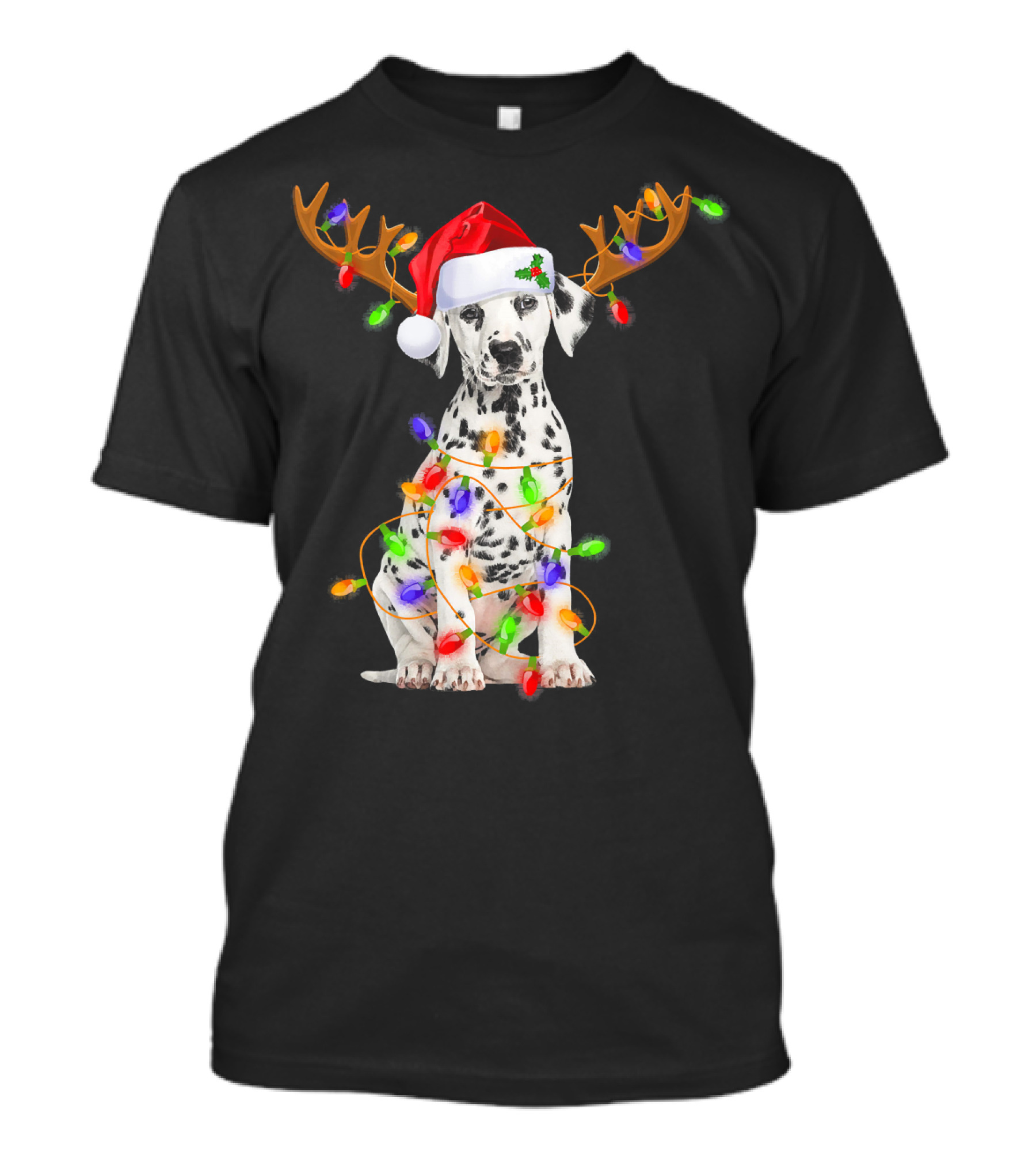 Dalmatian Puppy With Santa Hat And Reindeer Antlers Wrapped In Christmas Lights T-Shirt