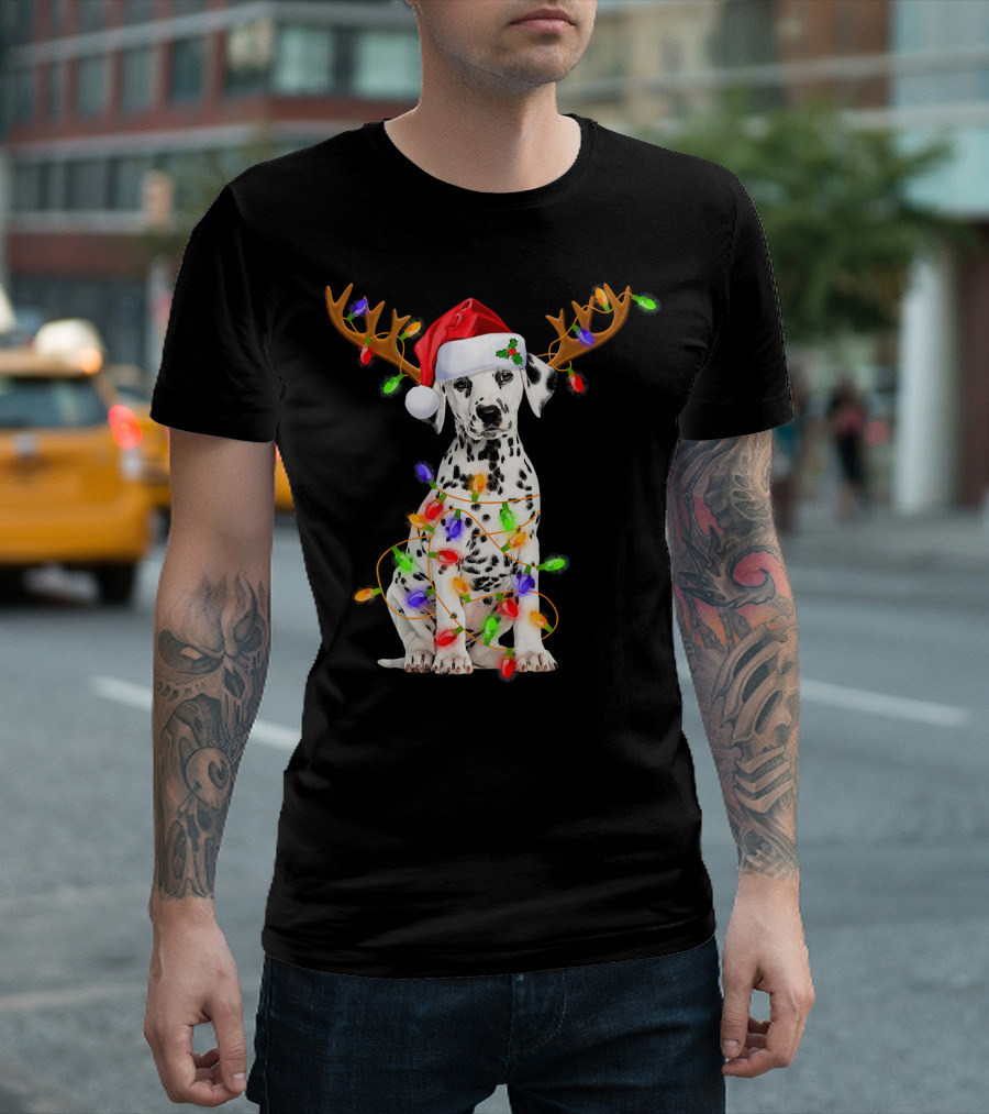 Dalmatian Puppy With Santa Hat And Reindeer Antlers Wrapped In Christmas Lights T-Shirt