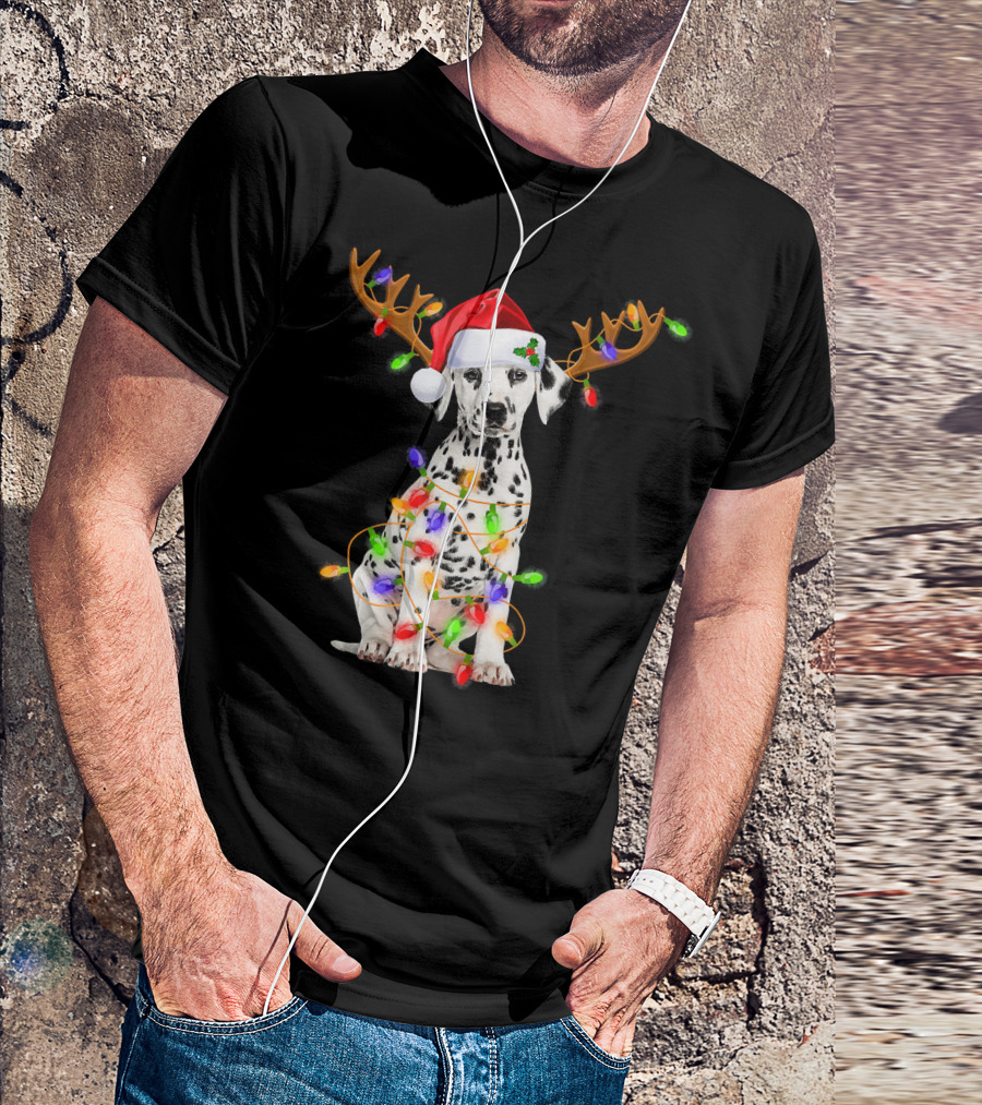Dalmatian Puppy With Santa Hat And Reindeer Antlers Wrapped In Christmas Lights T-Shirt