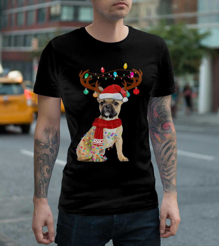 French Bulldog with Reindeer Antlers and Santa Hat Christmas Lights T-Shirt