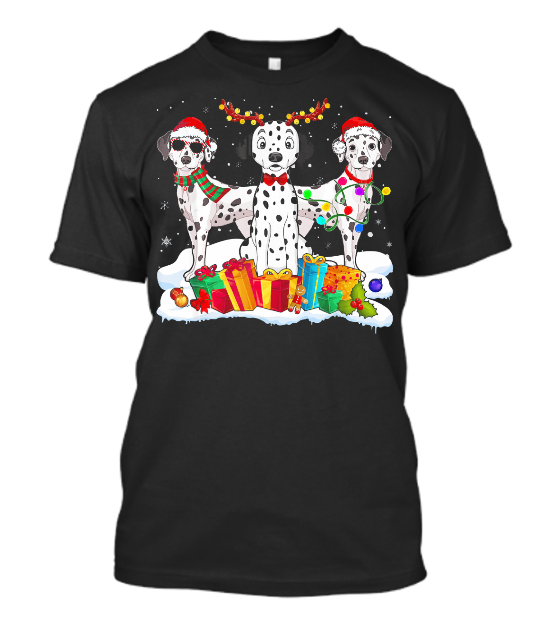 Dalmatian Christmas Santa Hat With Reindeer Antlers And Holiday Gifts T-Shirt