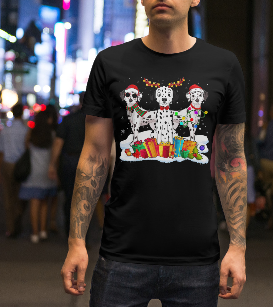 Dalmatian Christmas Santa Hat With Reindeer Antlers And Holiday Gifts T-Shirt