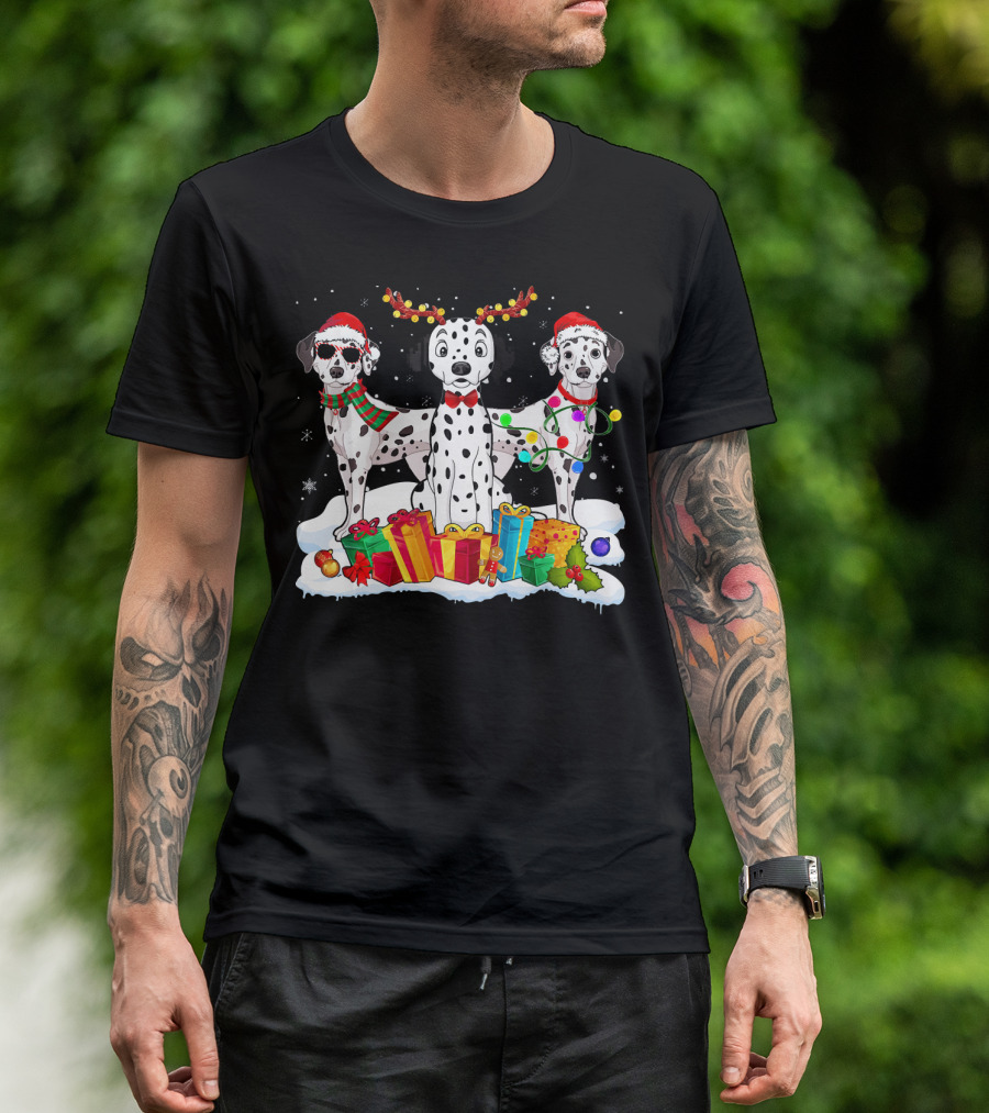 Dalmatian Christmas Santa Hat With Reindeer Antlers And Holiday Gifts T-Shirt