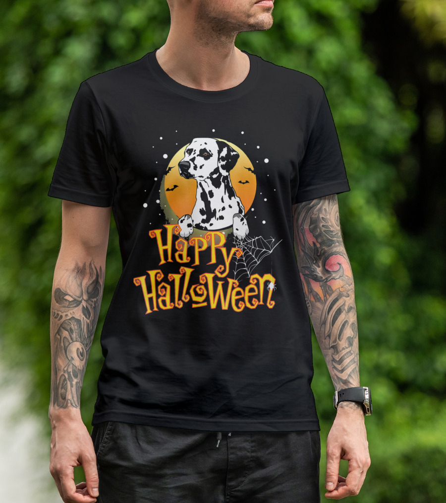 Dalmatian Happy Halloween Moon Spiderwebs T-Shirt