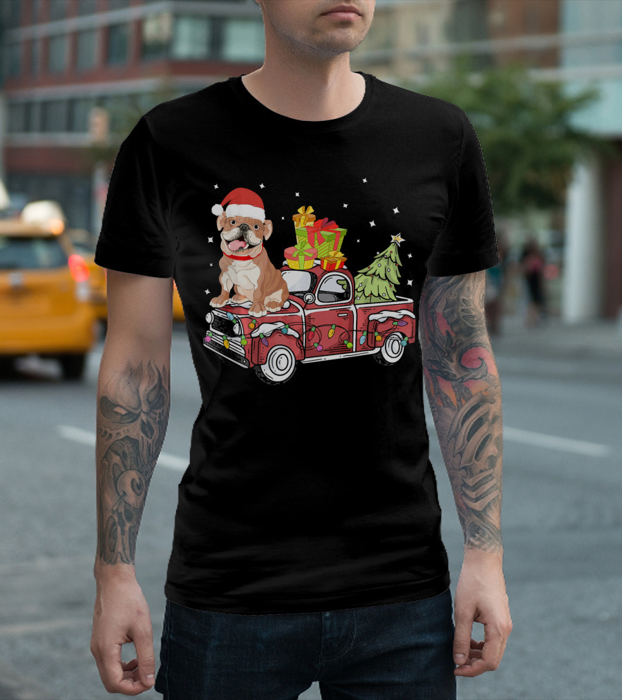 Cute English Bulldog Santa on Festive Pickup Truck with Christmas Tree and Gifts T-Shirt