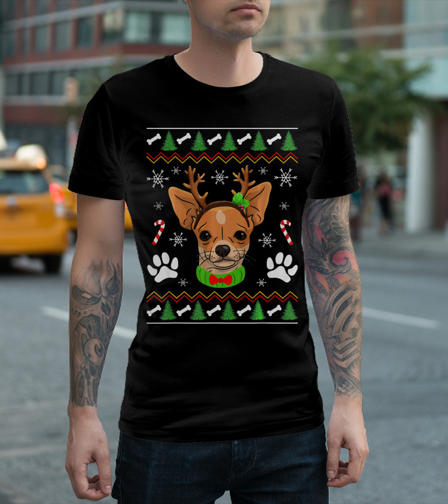 Chihuahua Reindeer Ugly Christmas Shirt Paw Prints Candy Canes Snowflakes Trees T-Shirt