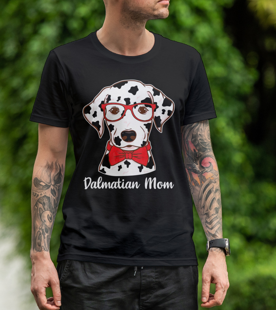 Dalmatian Mom Dog With Red Glasses And Bow Tie T-Shirt