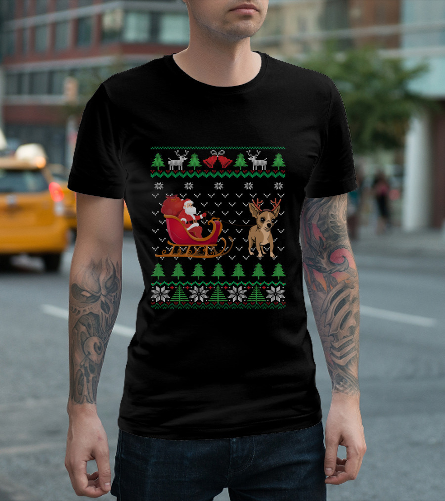 Chihuahua Pulling Santa Sleigh Christmas T-Shirt
