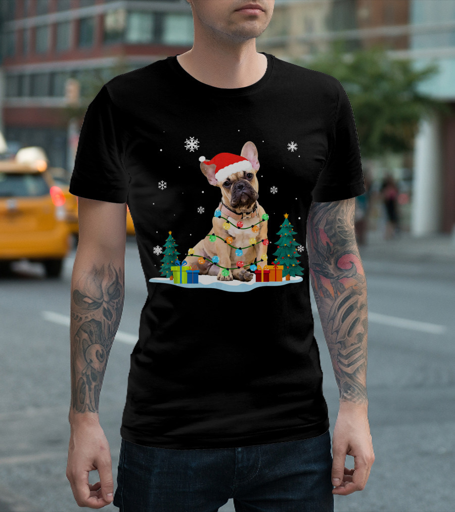 French Bulldog in Santa Hat Wrapped in Christmas Lights with Snowflakes and Gifts T-Shirt