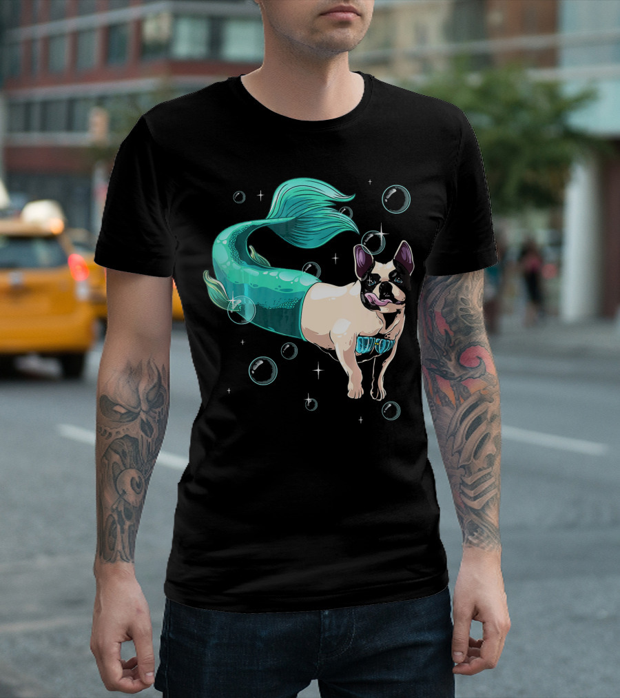 Cool French Bulldog Mermaid Funny Aquatic Bubbles T-Shirt
