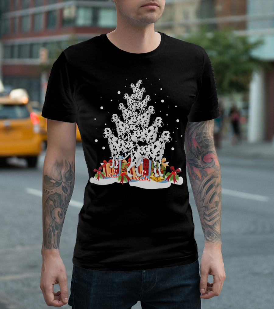 Dalmatian Christmas Tree Stacked Dogs with Snow and Gifts T-Shirt