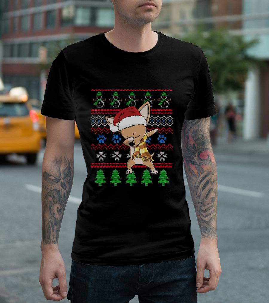 Chihuahua Dabbing UglyStyle Christmas Santa Hat Snowmen Trees T-Shirt