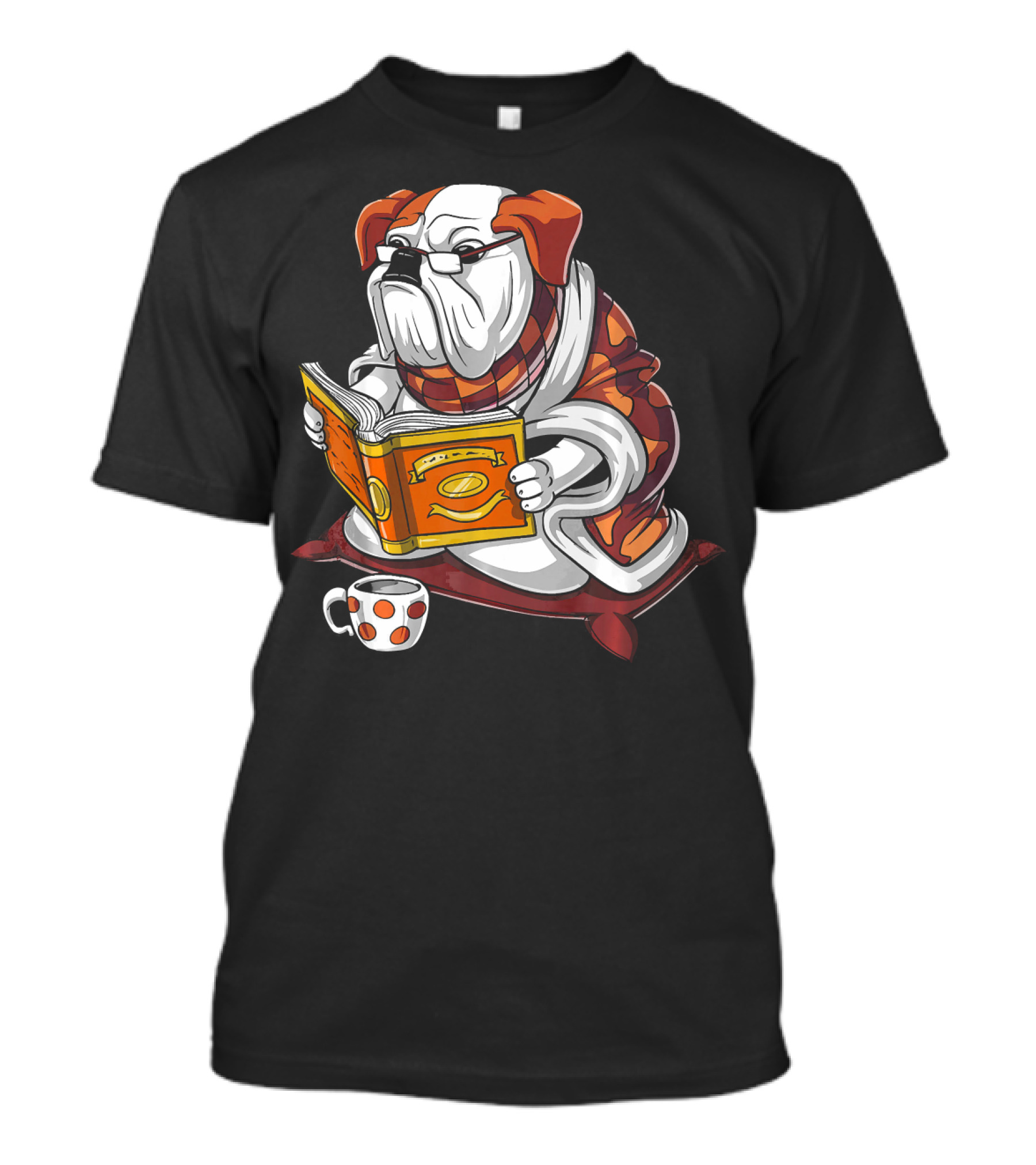 English Bulldog With Glasses Reading Orange Book And Polka Dot Mug T-Shirt