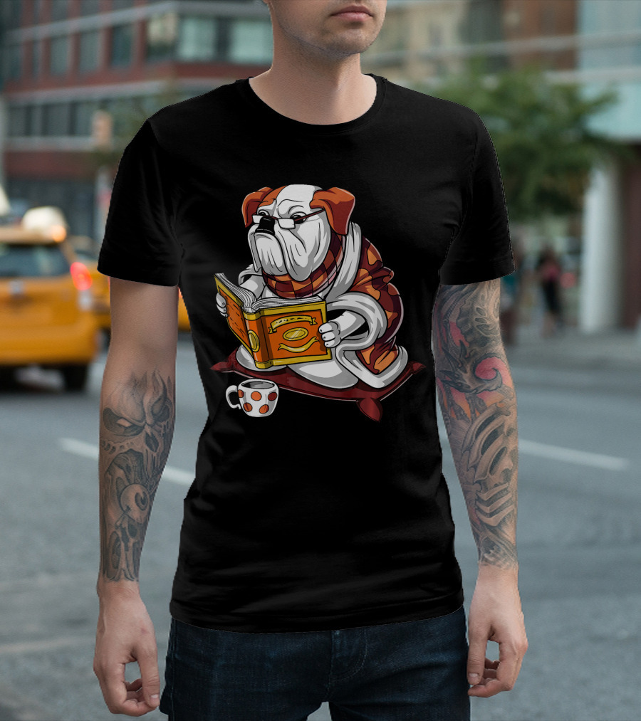 English Bulldog With Glasses Reading Orange Book And Polka Dot Mug T-Shirt