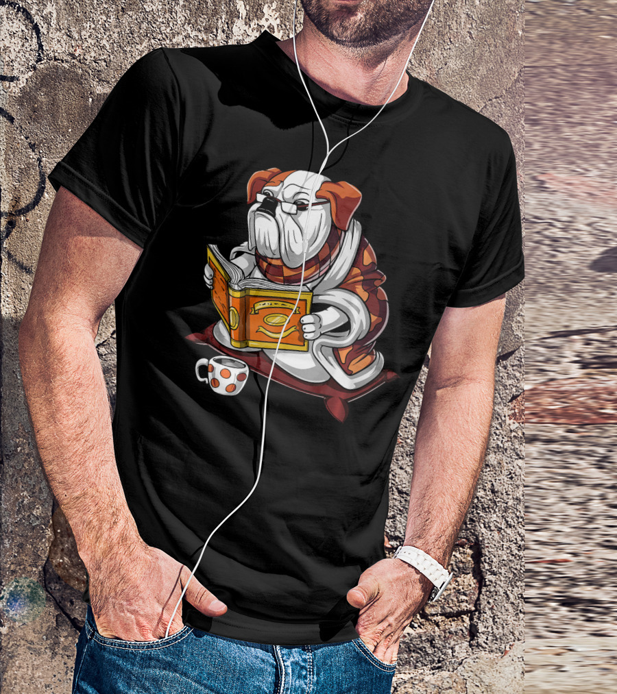 English Bulldog With Glasses Reading Orange Book And Polka Dot Mug T-Shirt