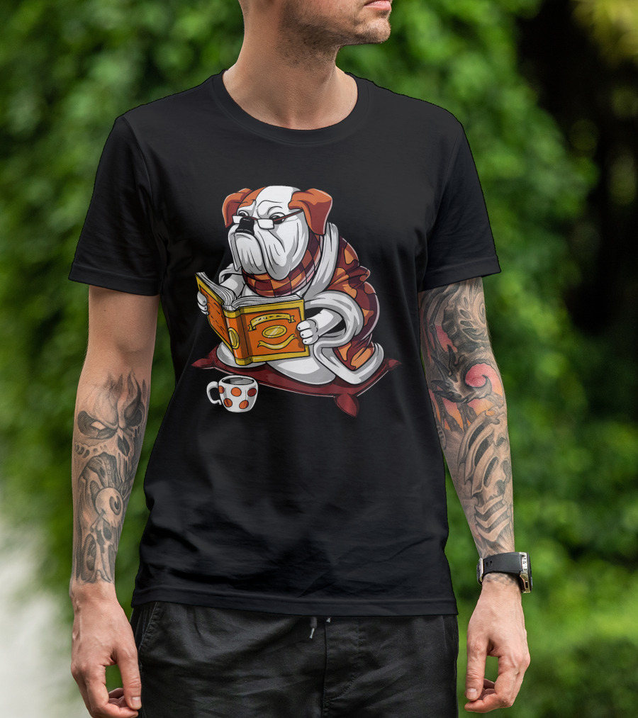 English Bulldog With Glasses Reading Orange Book And Polka Dot Mug T-Shirt