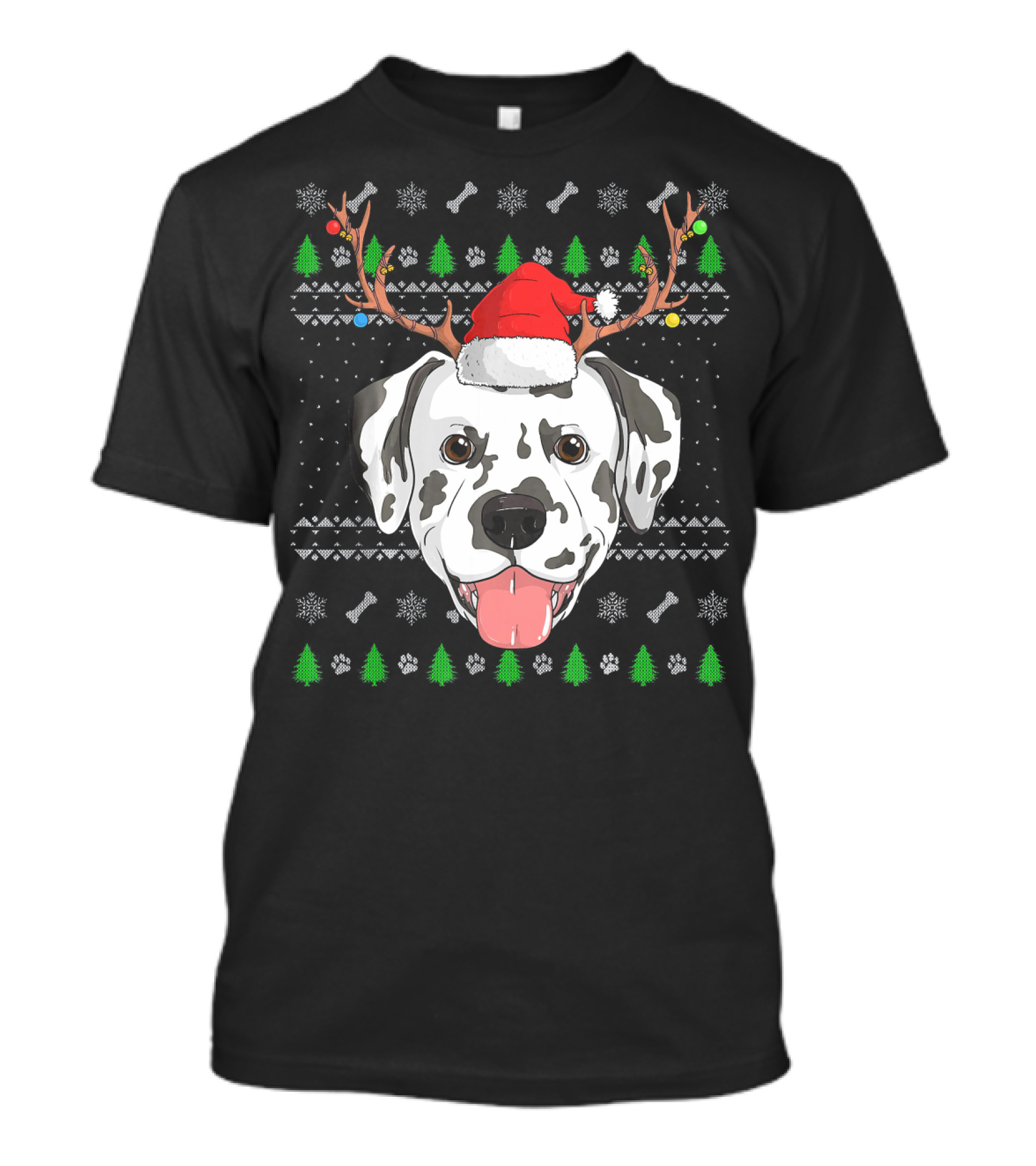 Dalmatian Dog Wearing Santa Hat With Reindeer Antlers And Christmas T-Shirt