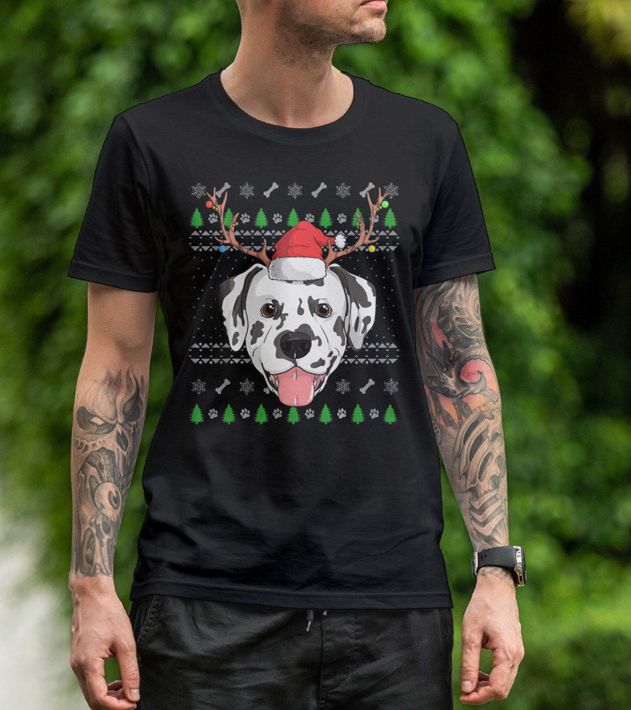 Dalmatian Dog Wearing Santa Hat With Reindeer Antlers And Christmas T-Shirt