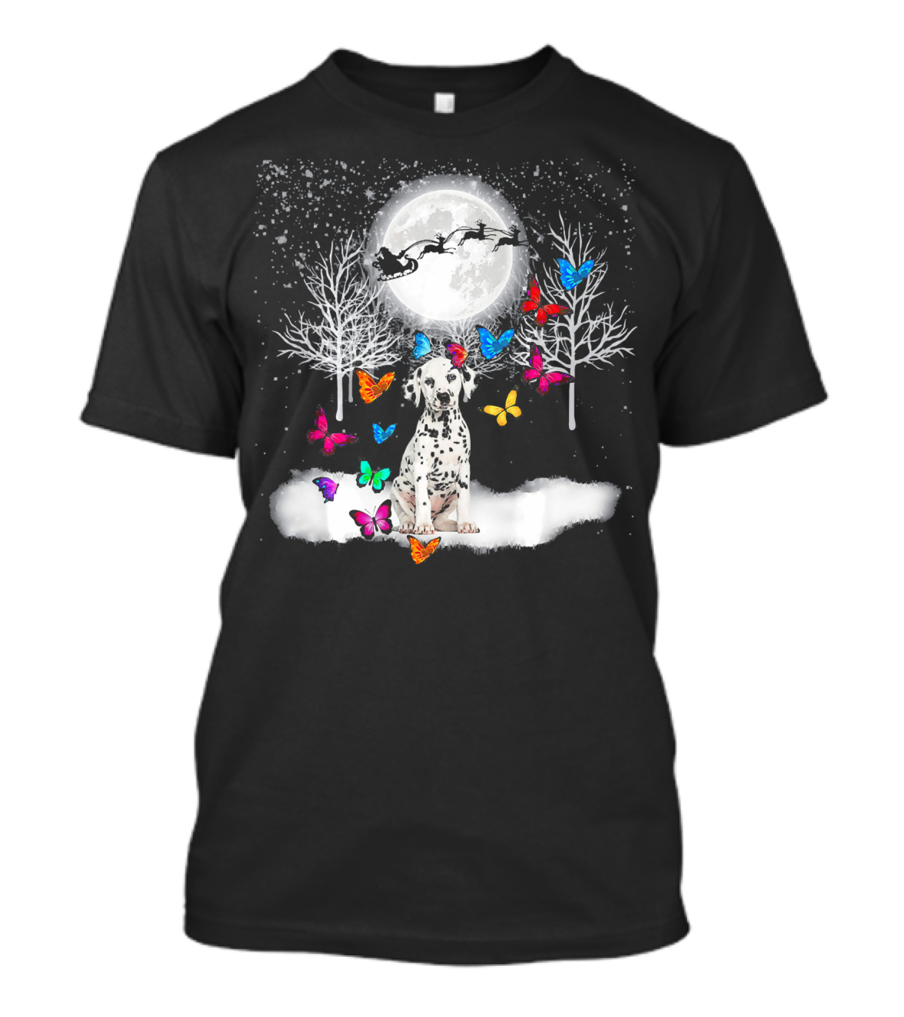 Dalmatian In Winter Wonderland With Colorful Christmas Butterflies And Santa T-Shirt