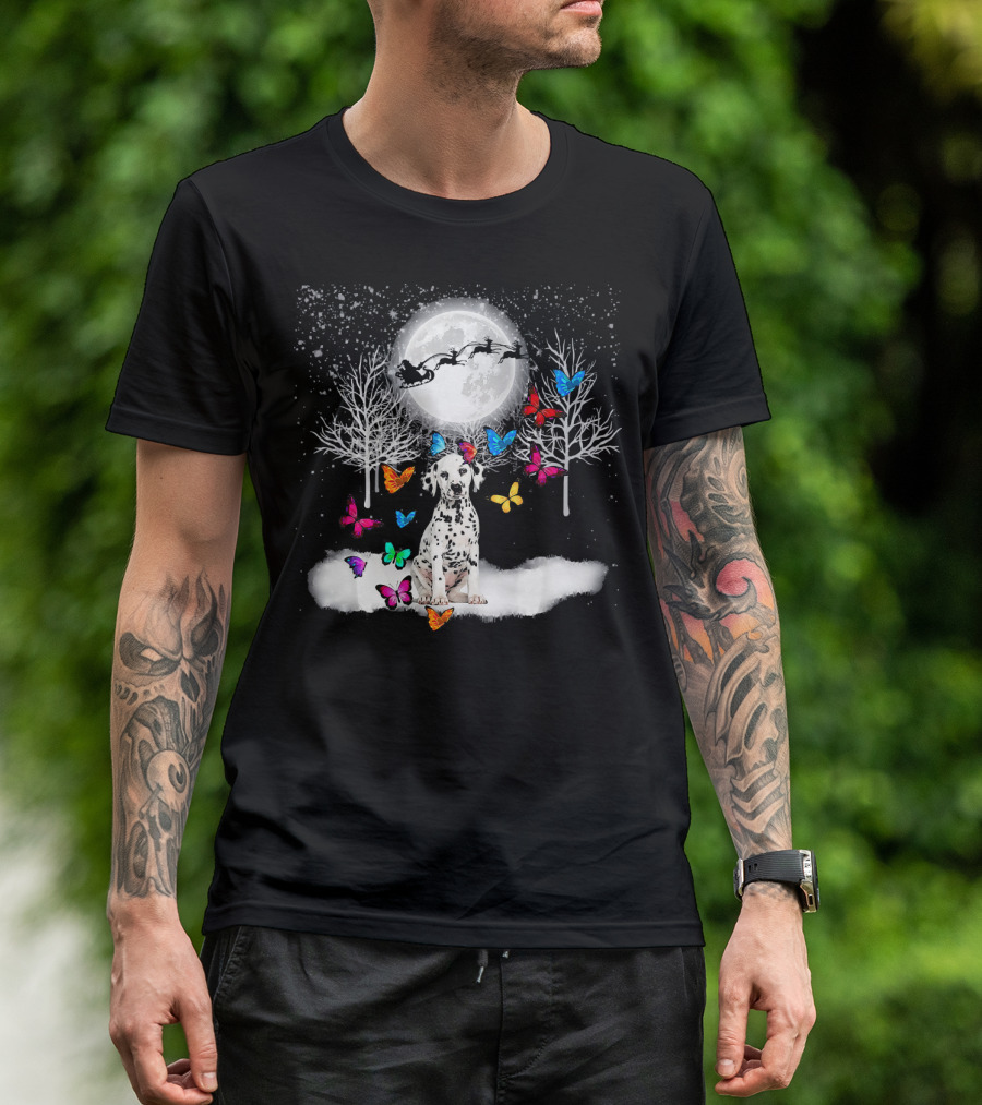 Dalmatian In Winter Wonderland With Colorful Christmas Butterflies And Santa T-Shirt