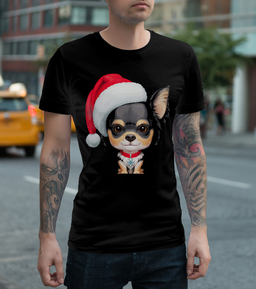 Black and Tan Long Haired Chihuahua Santa Hat Christmas T-Shirt