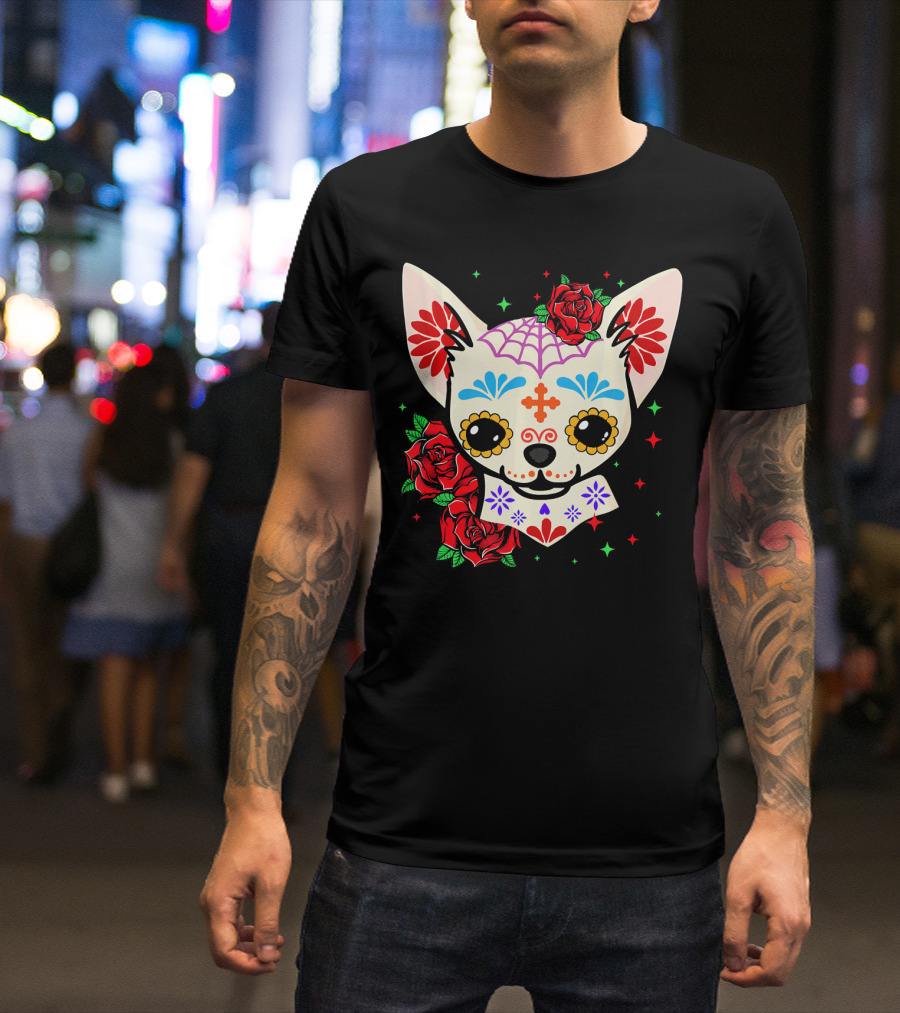 Chihuahua Sugar Skull Day Of The Dead Roses T-Shirt