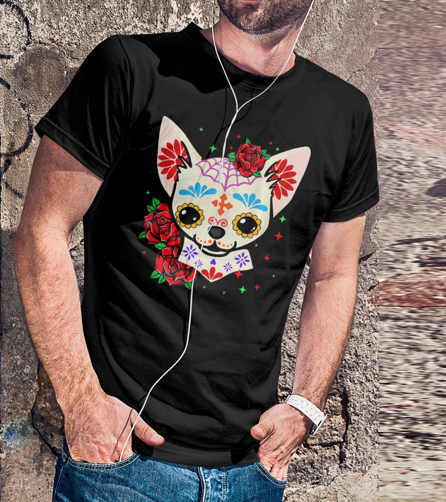 Chihuahua Sugar Skull Day Of The Dead Roses T-Shirt
