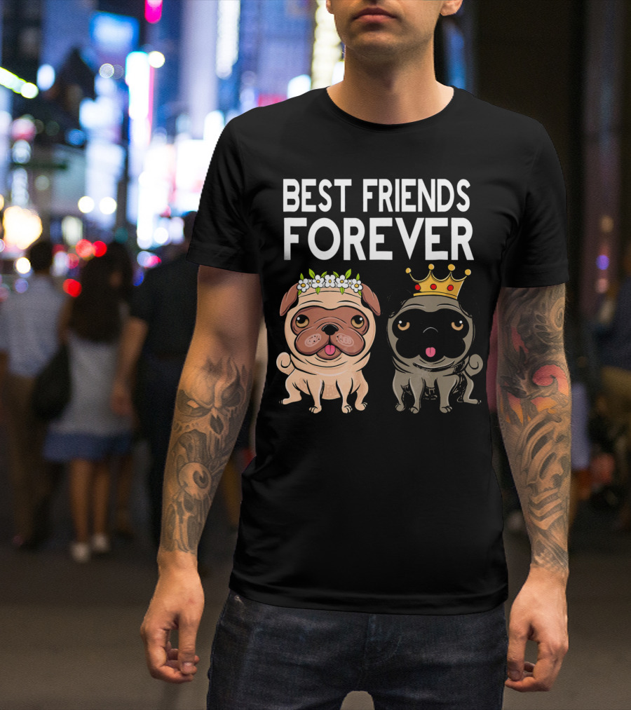Best Friends Forever Besties Friendship Pug Dogs With Flower Crown And Gold Royal Crown T-Shirt