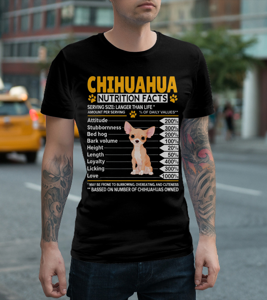 Chihuahua Pet Nutrition Facts Stubbornness Love Bark Volume Licking Loyalty T-Shirt