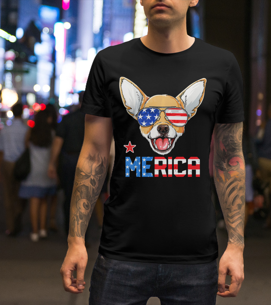 Chihuahua Patriotic Merica American Flag Glasses 4th Of July T-Shirt