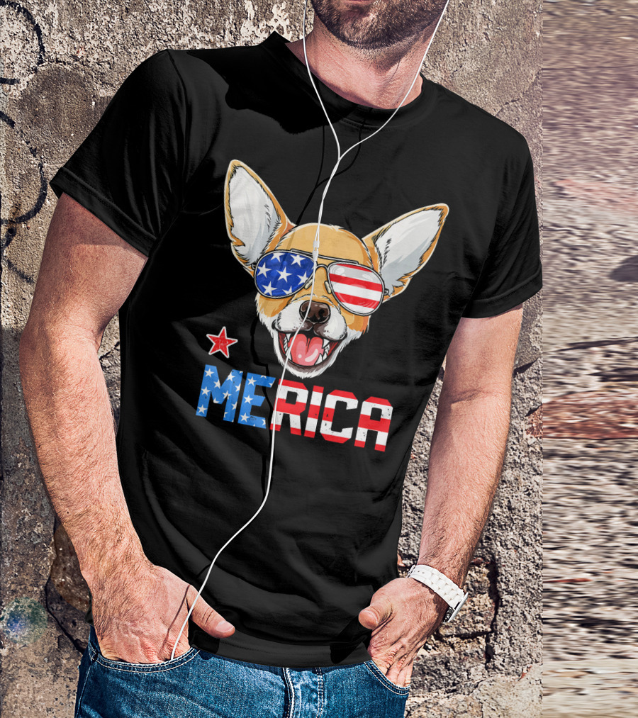 Chihuahua Patriotic Merica American Flag Glasses 4th Of July T-Shirt