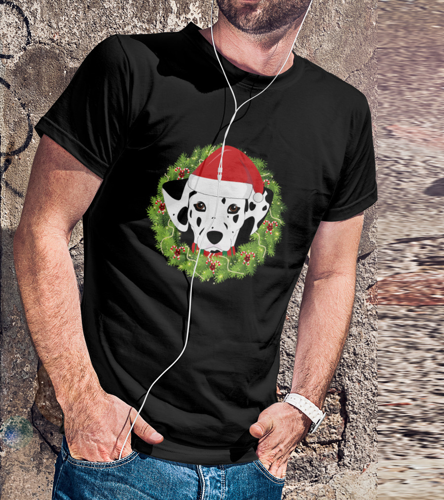 Dalmatian Santa Hat Festive Christmas Wreath T-Shirt