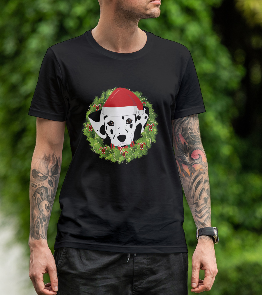 Dalmatian Santa Hat Festive Christmas Wreath T-Shirt