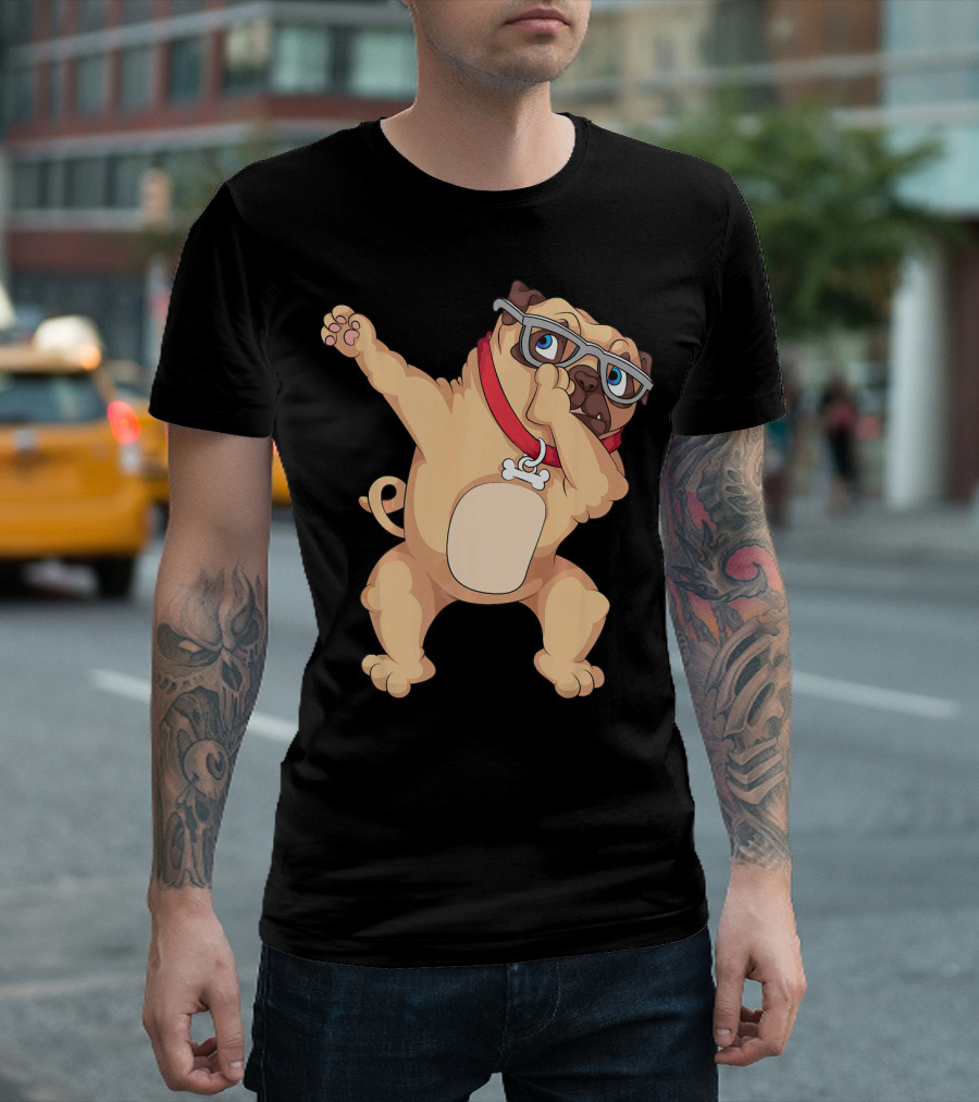 Cool Dabbing Pug Funny Hip Hop Music Dog With Glasses and Bone Collar T-Shirt