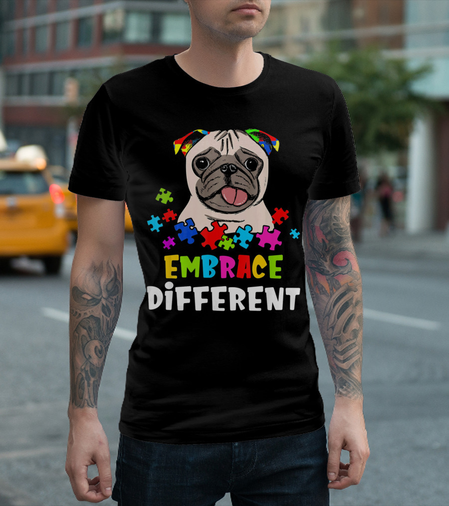 Embrace Different Autism Pug With Puzzle Pieces T-Shirt