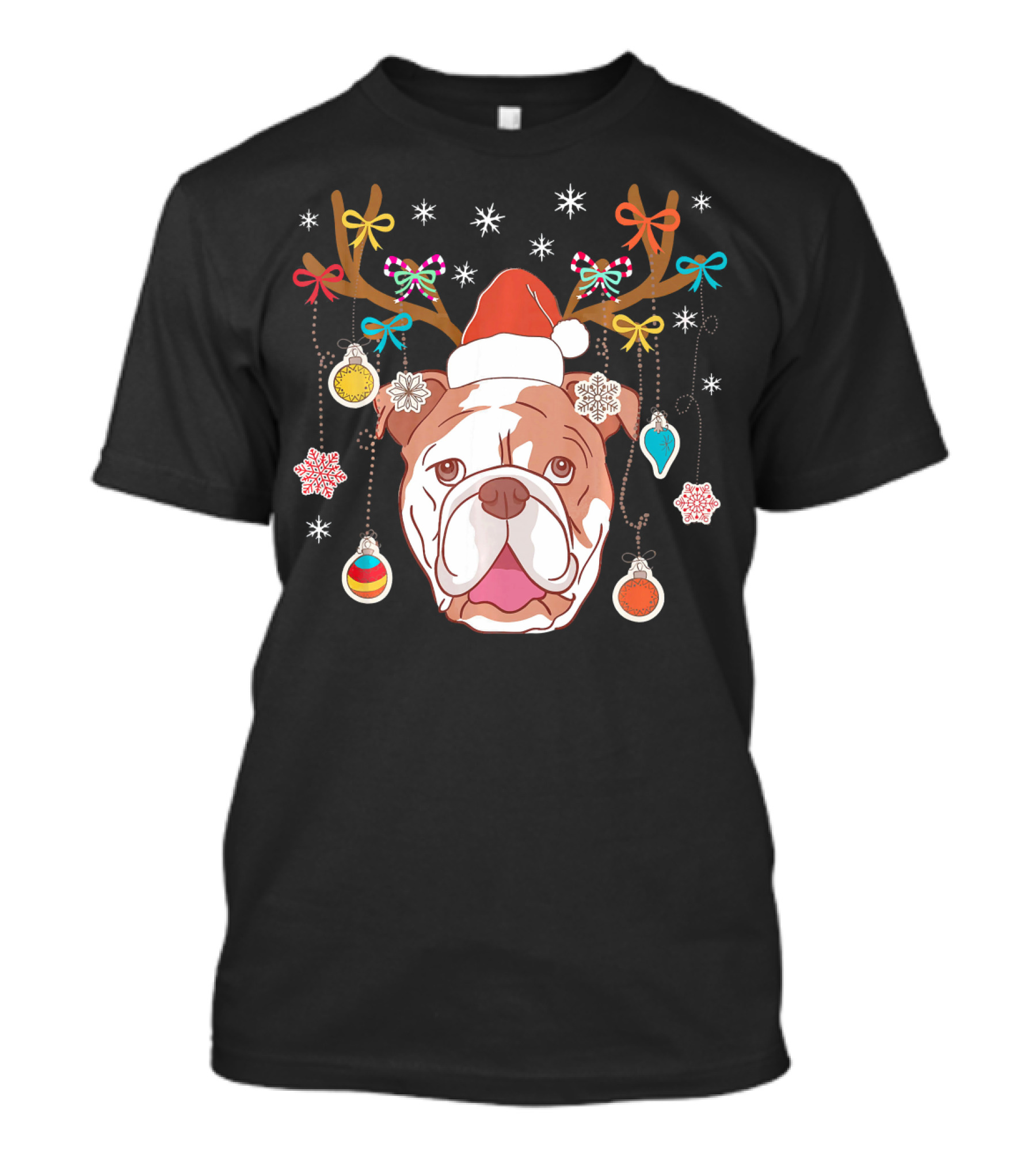 English Bulldog In Santa Hat With Christmas Antlers And Ornaments T-Shirt