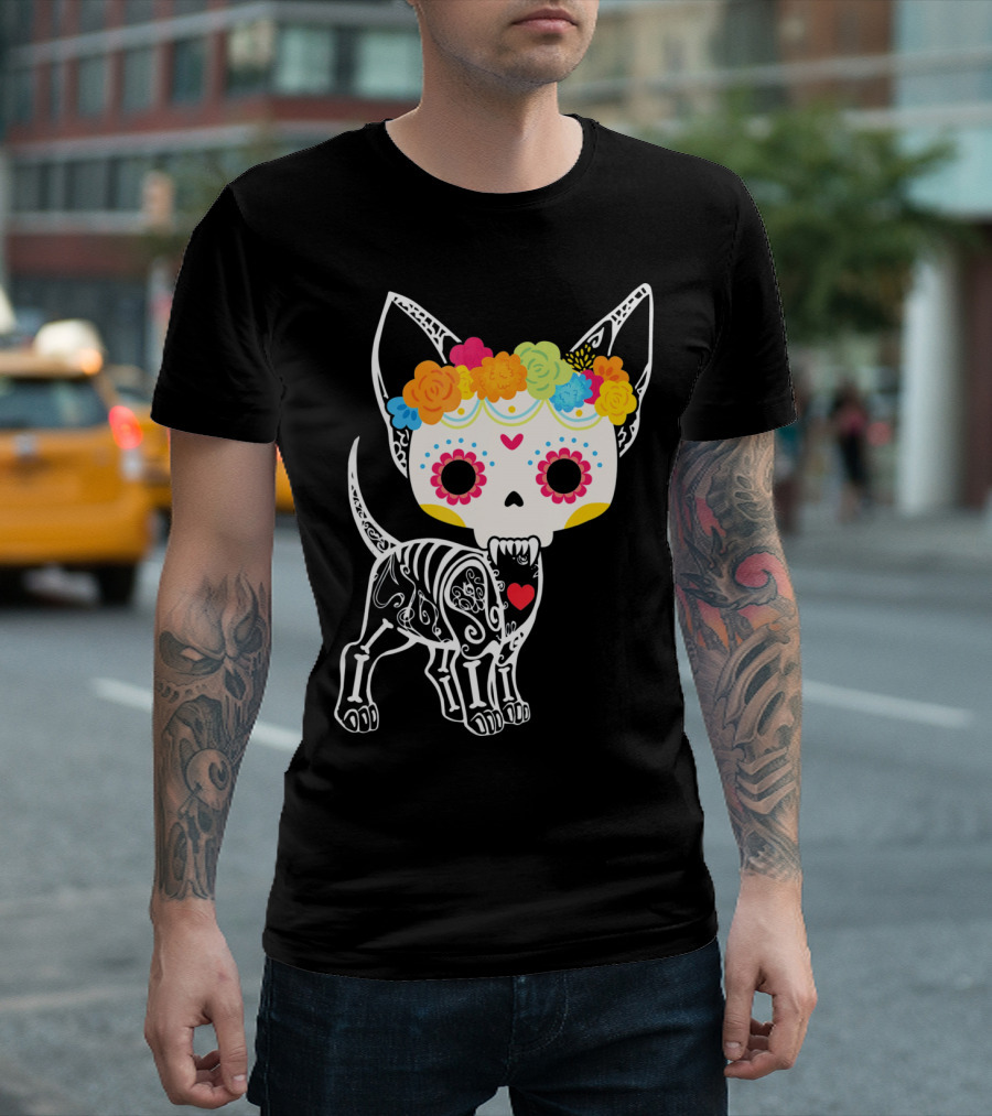 Chihuahua Dog Skeleton Dia De Los Muertos Floral T-Shirt
