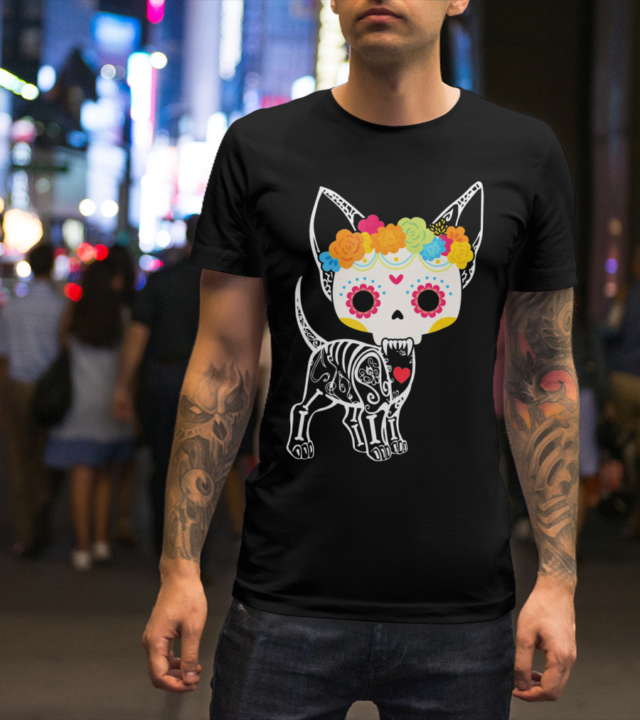 Chihuahua Dog Skeleton Dia De Los Muertos Floral T-Shirt