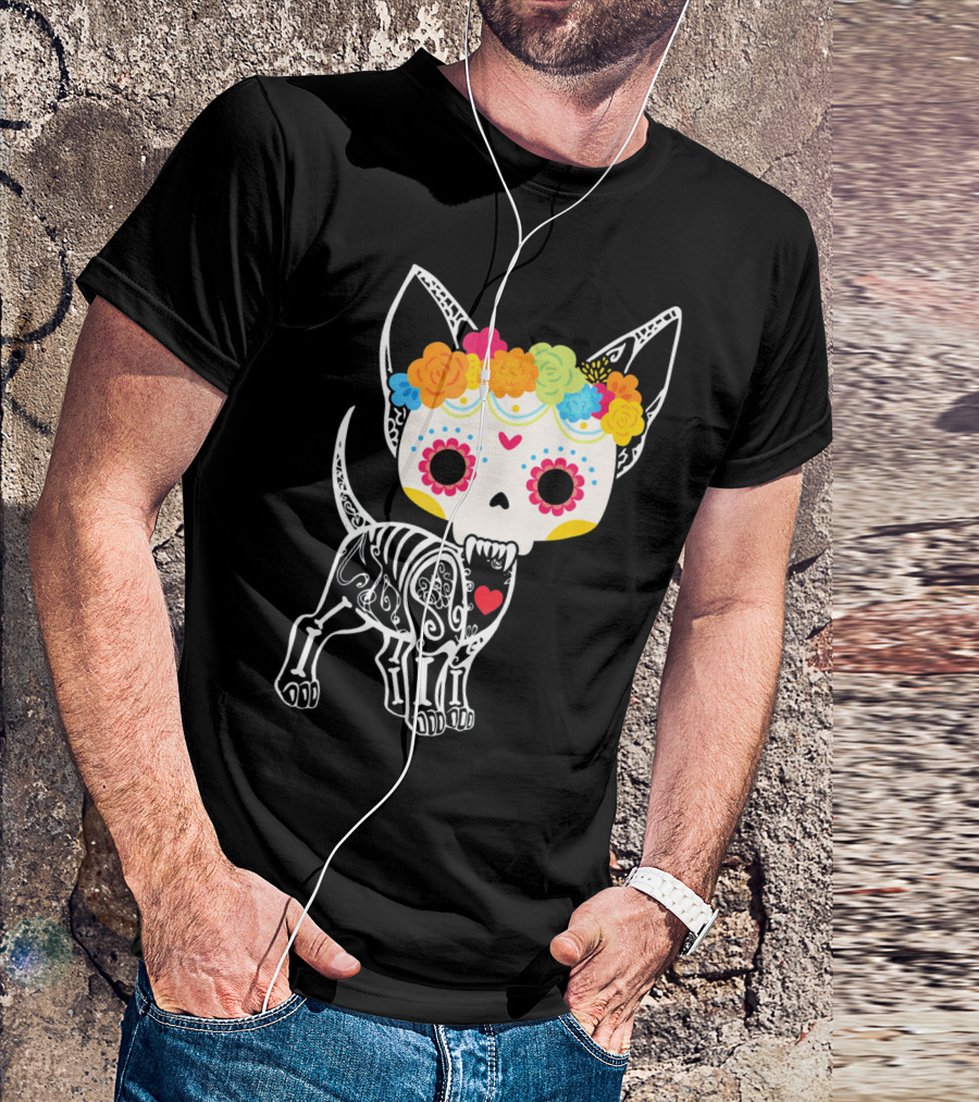 Chihuahua Dog Skeleton Dia De Los Muertos Floral T-Shirt