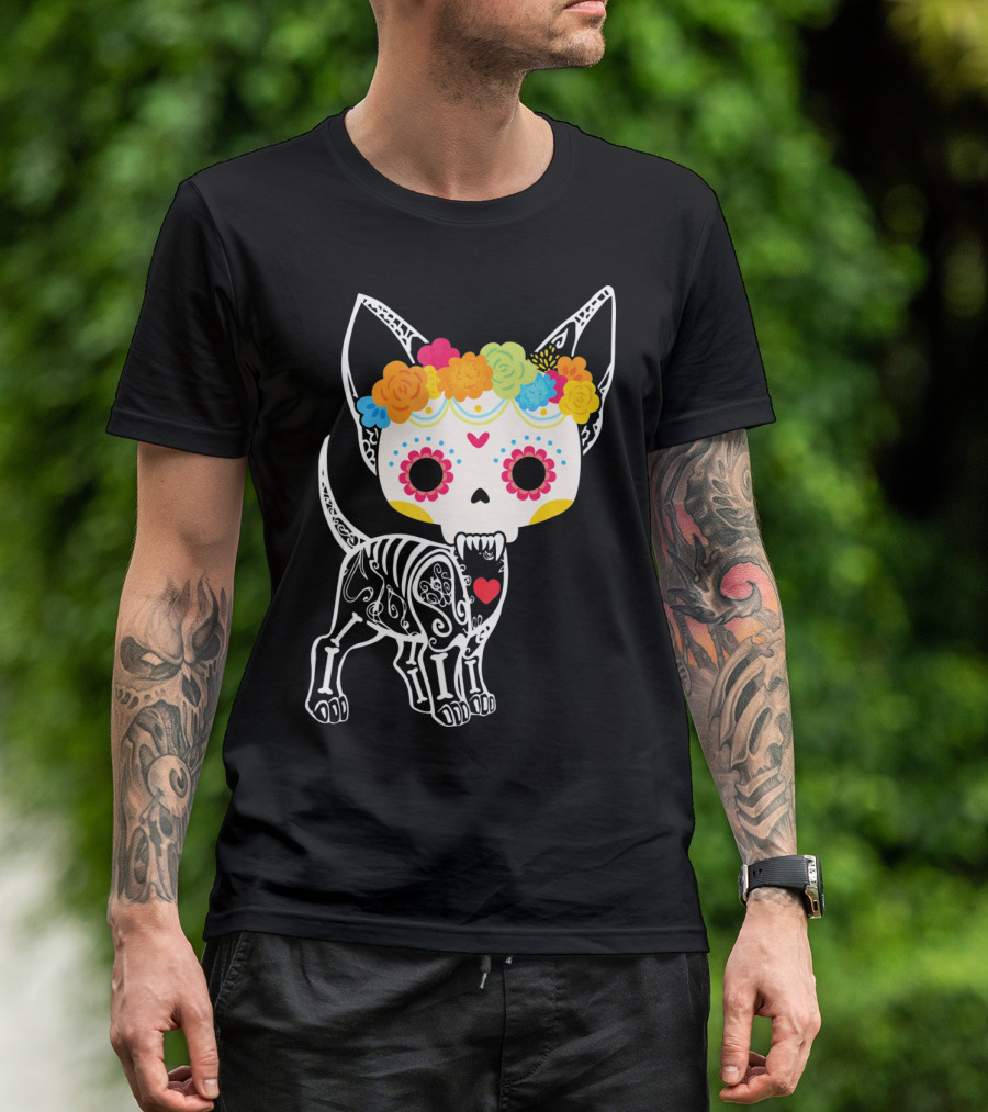 Chihuahua Dog Skeleton Dia De Los Muertos Floral T-Shirt