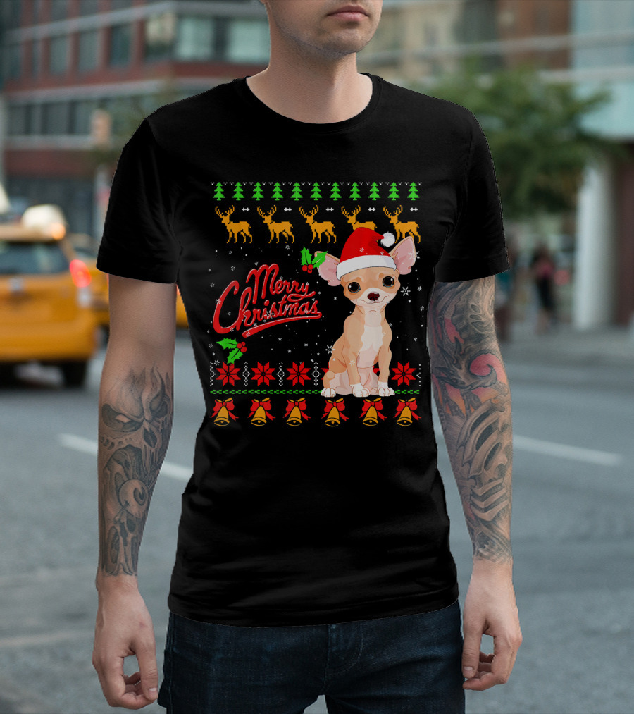 Merry Christmas Chihuahua Santa Hat Reindeer Holiday T-Shirt