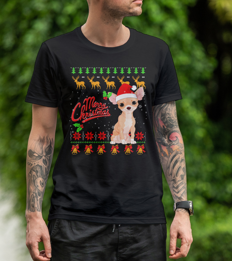 Merry Christmas Chihuahua Santa Hat Reindeer Holiday T-Shirt