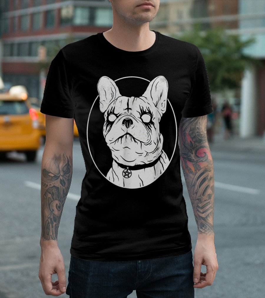 Black Metal French Bulldog Gothic Pentagram T-Shirt