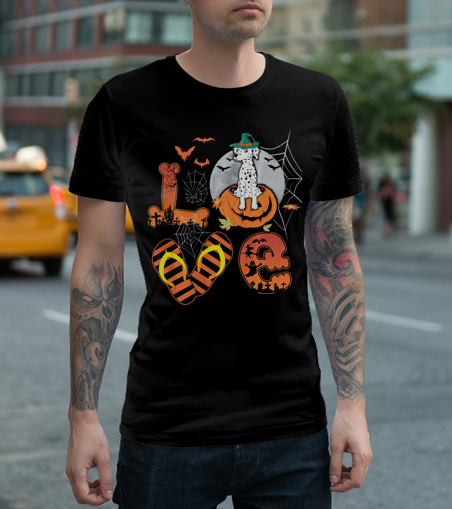 LOVE Halloween Chihuahua Dalmatian in Pumpkin with Spider Webs and Bats T-Shirt