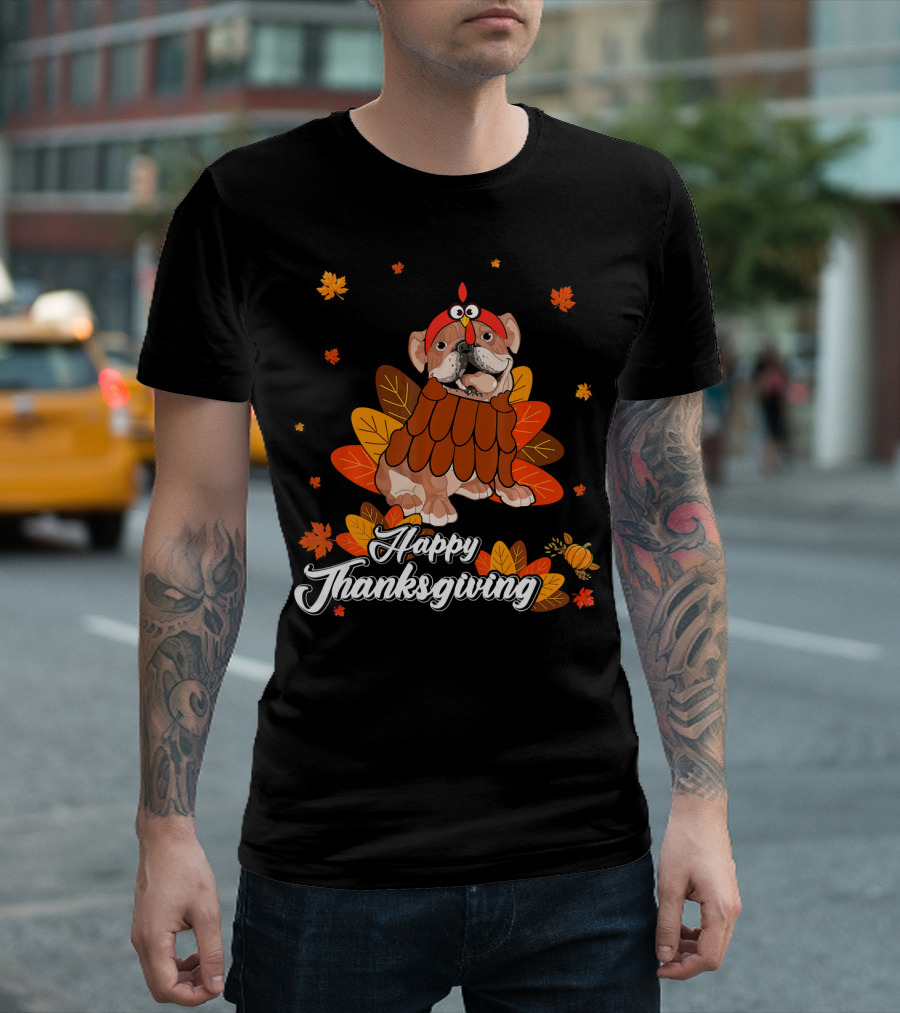 Happy Thanksgiving English Bulldog in Turkey Costume with Autumn Leaves T-Shirt