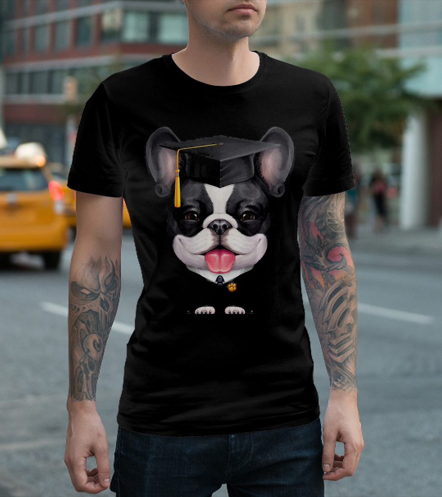 Brindle Pied French Bulldog in Graduation Attire with Mortarboard Cap T-Shirt