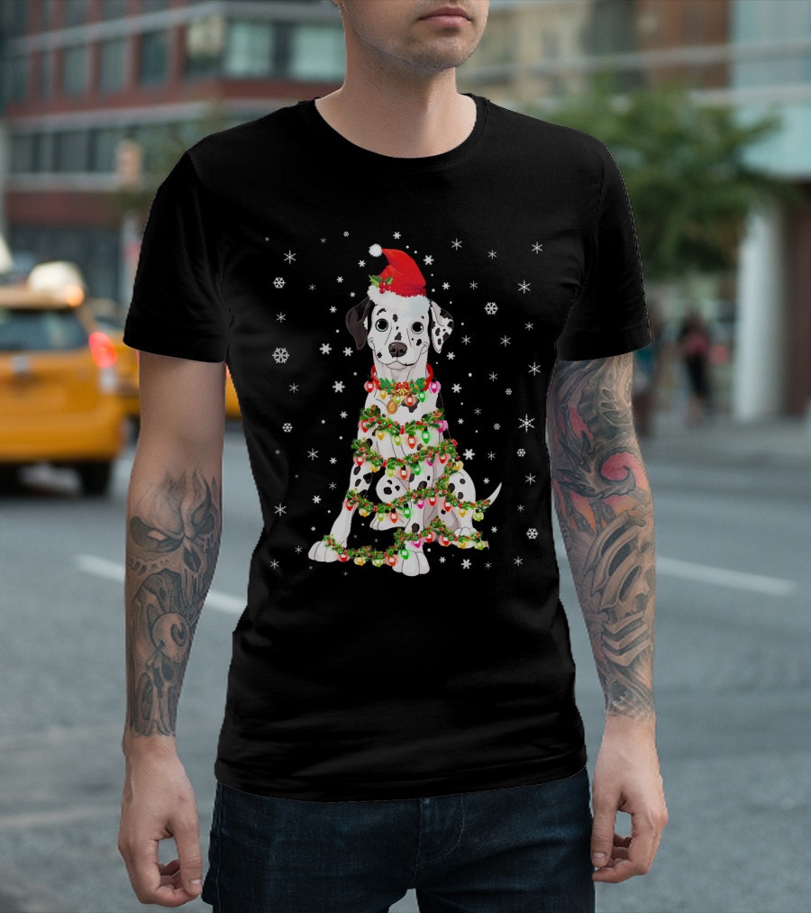 Dalmatian with Santa Hat Wrapped in Christmas Lights and Snowflakes T-Shirt