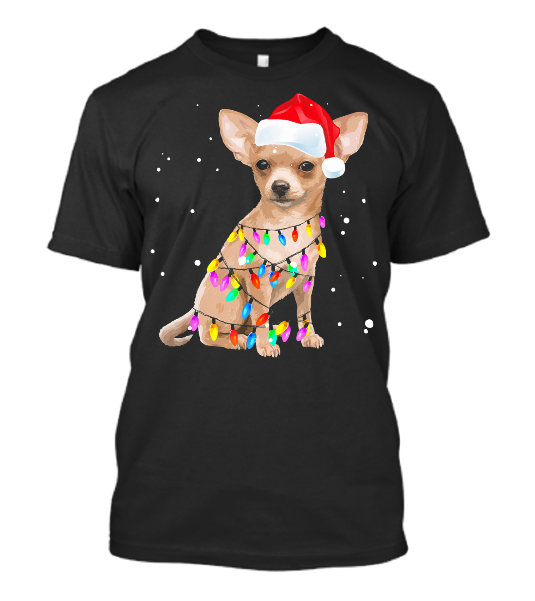 Chihuahua Wrapped In Christmas Lights Wearing Santa Hat T-Shirt